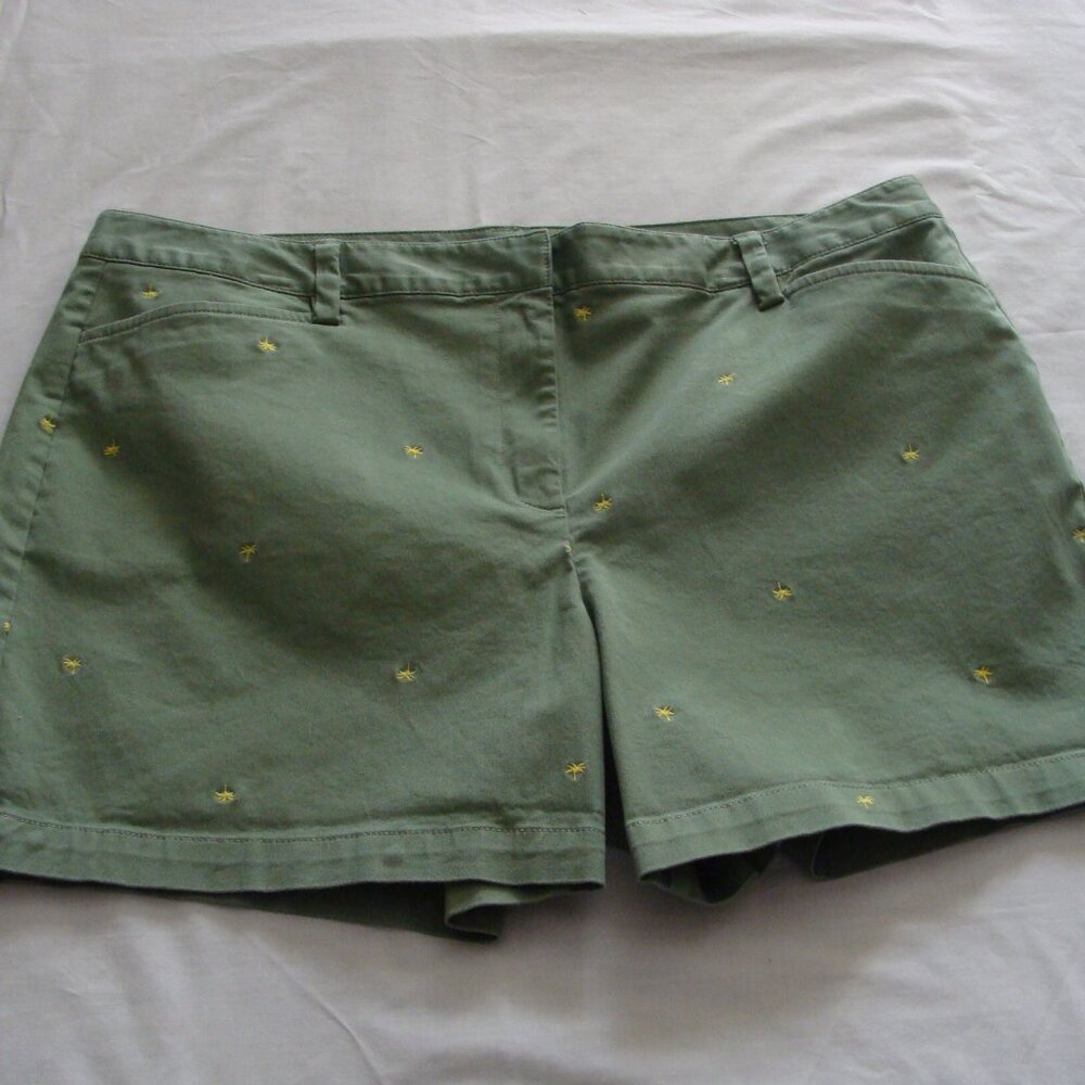 LANDS' END Light Green/Yellow PALM TREE Print "Mid Rise" SHORTS Sz 18 (5 Inseam)